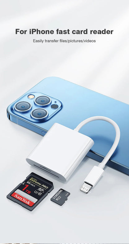 2-in-1 Lightning to SD/TF Card Reader – OTG Flash Adapter for iPhone 14/13/12 Pro Max & iPad, USB 3.0 Memory Card Adapter