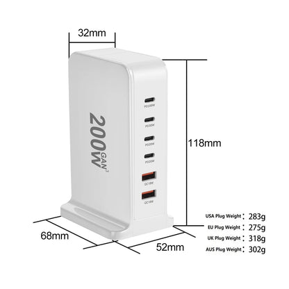 200W GaN Desktop Quick Charger - 168W PD, 6-Port USB Type C with USA, EU, AUS, UK Plug Adapters for Mobile Phones and Laptops