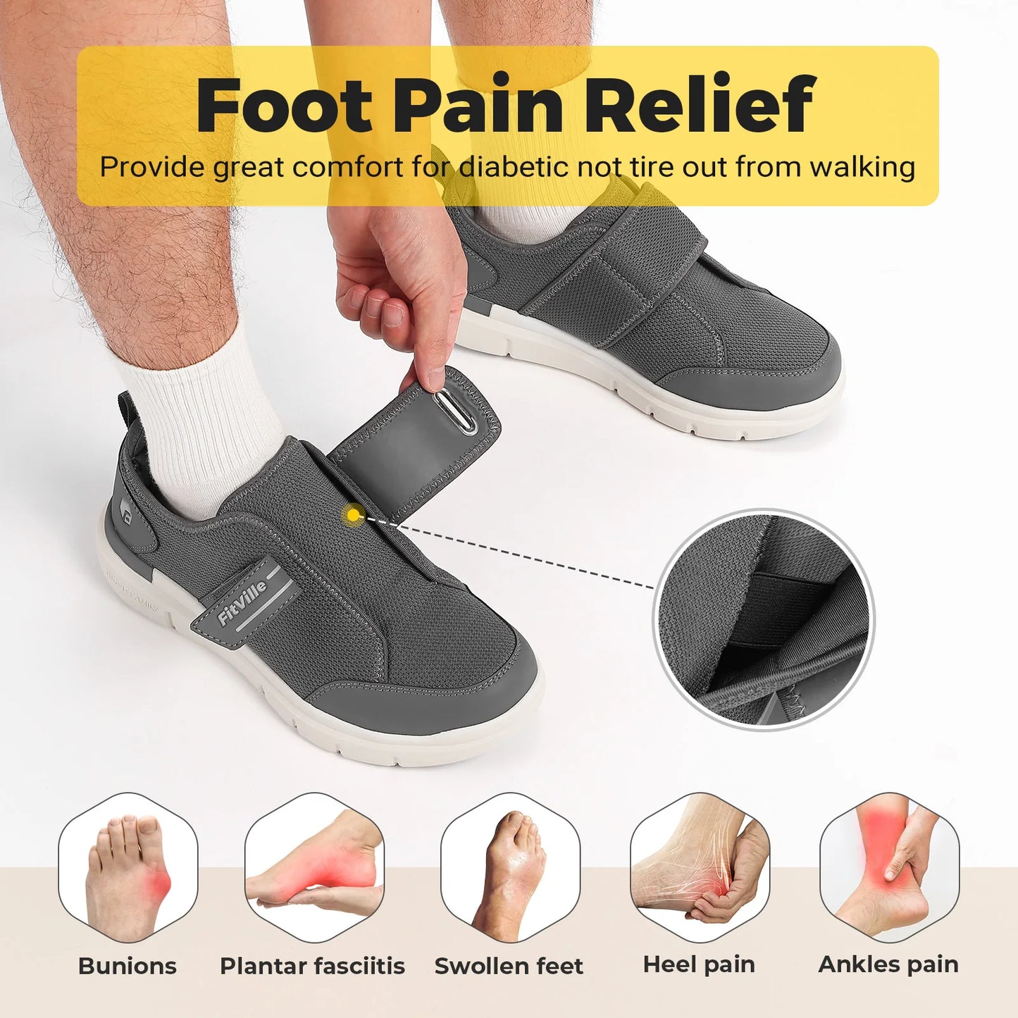 FitVille Extra Wide Diabetic Walking Shoes for Men, Hook & Loop Adjustable Comfort Shoes for Swollen Feet, Neuropathy & Pain Relief