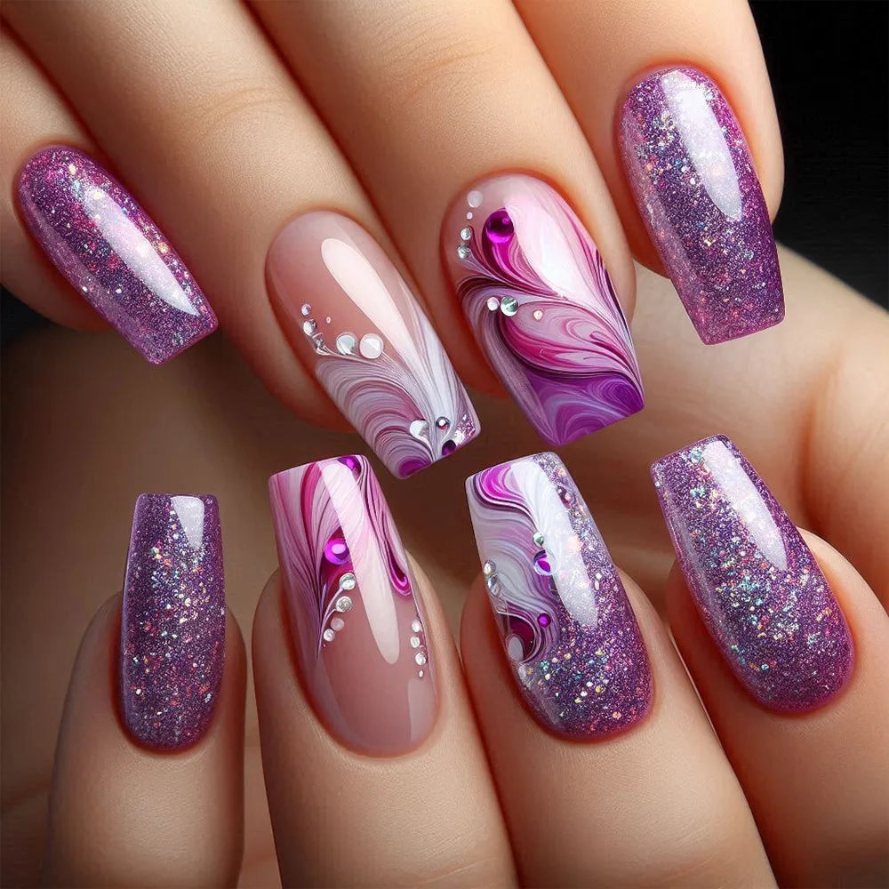 24PCS Short Press On Nails - Shimmer Ballet French Full Cover Artificial Nail Tips for Daily Manicure Style