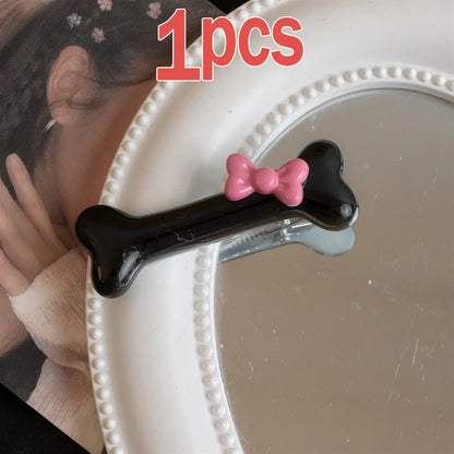 Kawaii Bow Dog Bone Hair Clips – Cute Black & White Bone Hairpins for Girls, Duckbill Barrettes Accessories