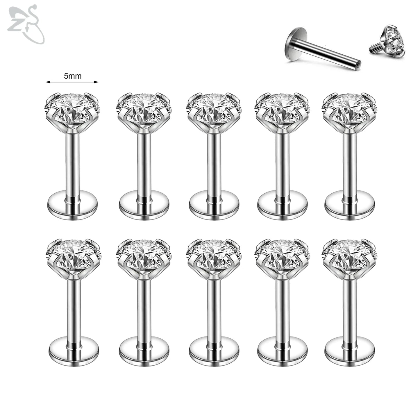 AOEDEJ 10PCS Gold Stainless Steel Labret Lip Studs – 16/18G CZ Crystal Helix, Cartilage & Tragus Piercings (2–6mm)