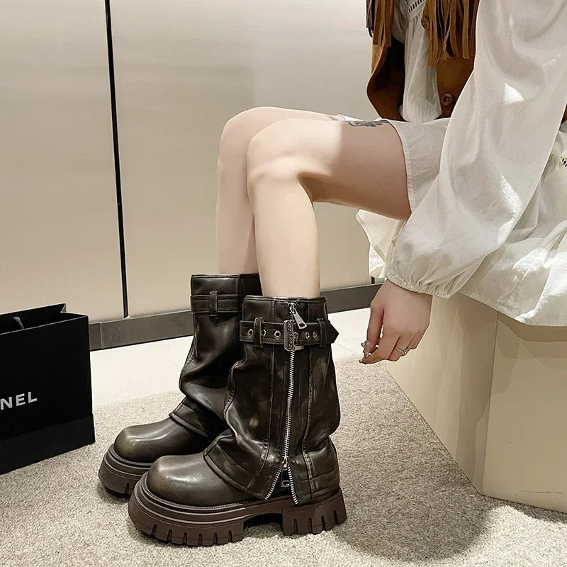 2023 New Women's Mid-Calf Boots – Fashion Belt Buckle, Side Zipper, Round Toe, High Quality