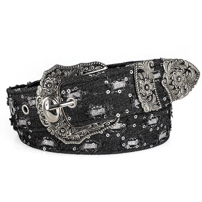 Rhinestone Buckle Belt - Retro Ripped Denim Punk Rock Fashion Accessory for Men & Women