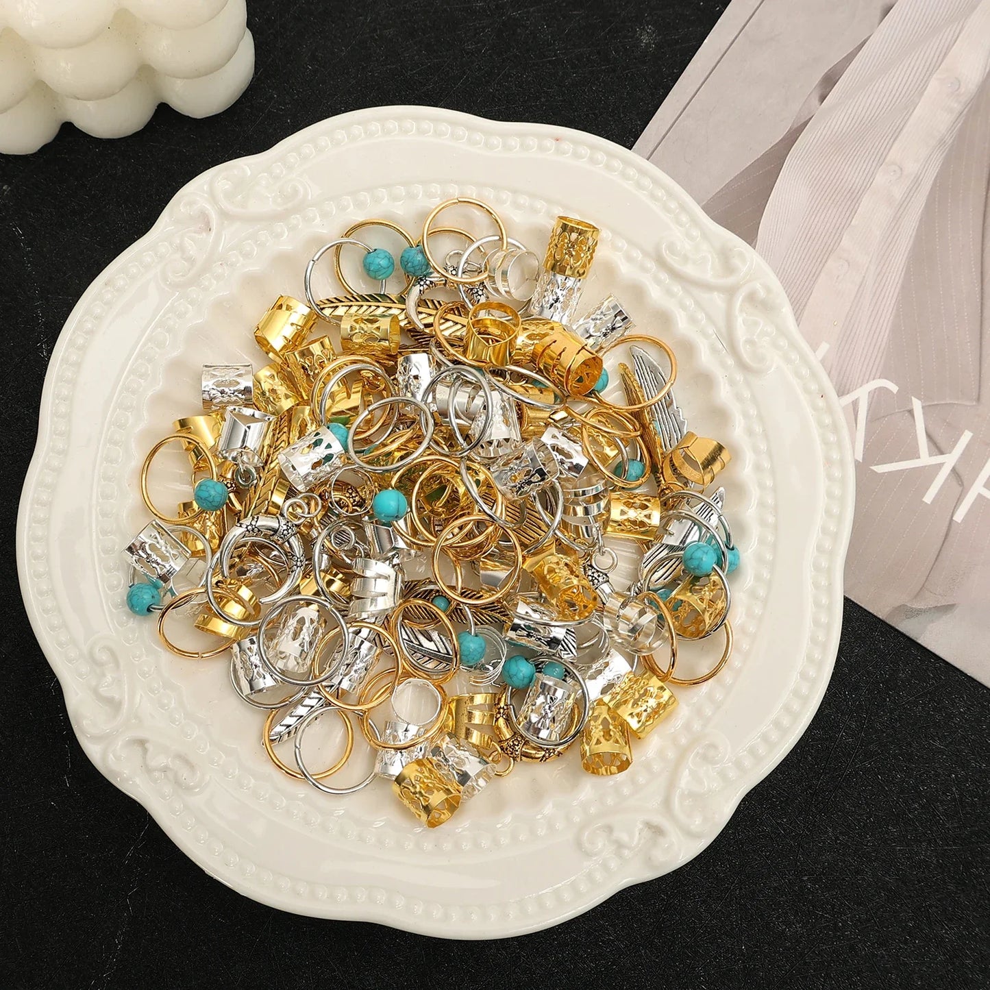31PCS Turquoise Hollow-Out Hair Rings — Dreadlock & Braid Beads, Hair Braid Tubes Charm Jewelry for Styling