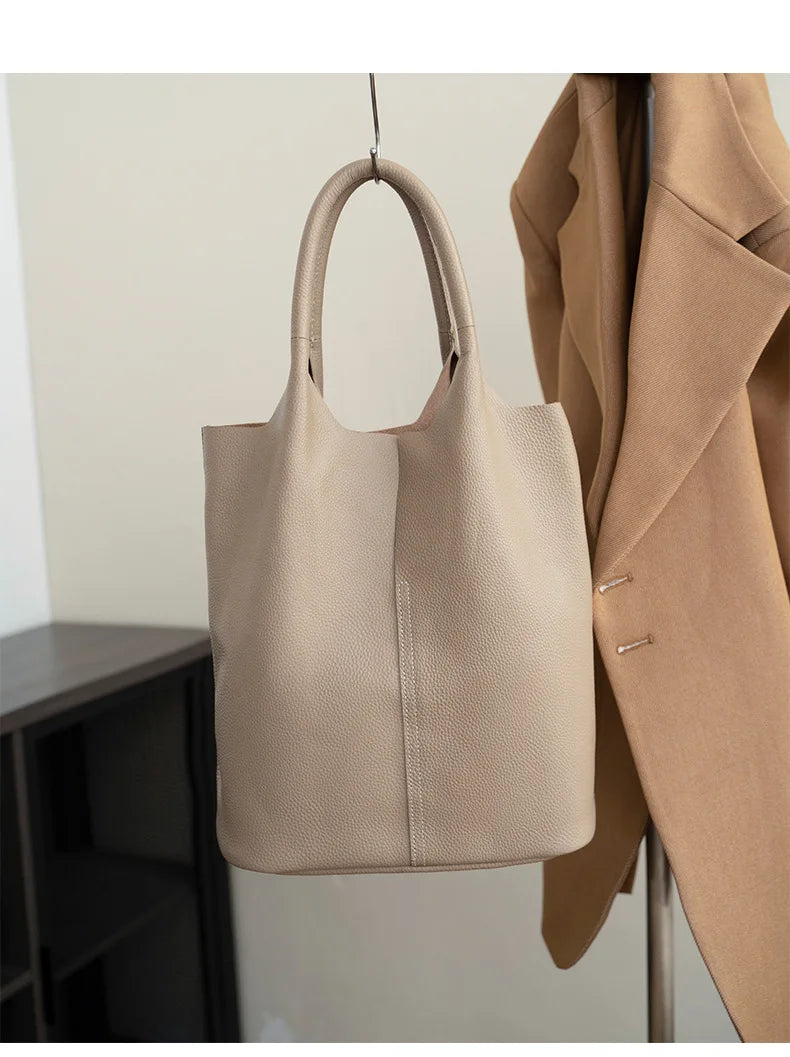 Genuine Leather Women’s Commuter Tote Bag — Soft Cowhide Shoulder Handbag, Large Capacity Bucket Bag, 2025 New