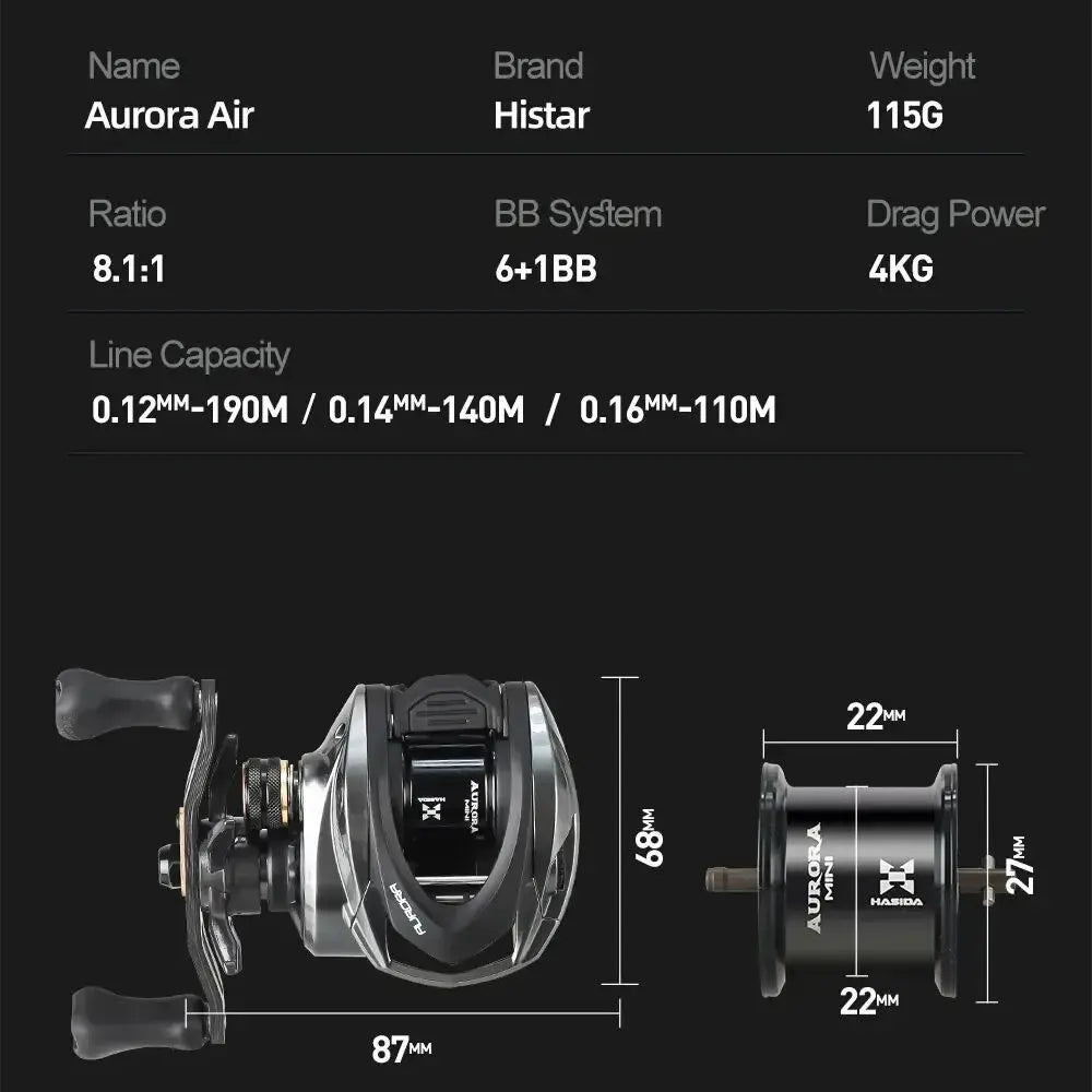 Histar Aurora AIR BFS Baitcasting Reel – Light Lure AT7 Aluminum Spool, 115G UL, 3D Dynamic Magnetic Braking System