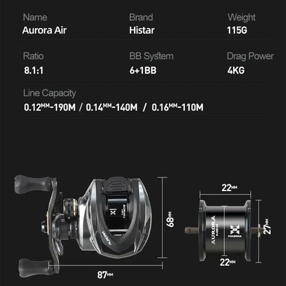 Histar Aurora AIR BFS Baitcasting Reel – Light Lure AT7 Aluminum Spool, 115G UL, 3D Dynamic Magnetic Braking System