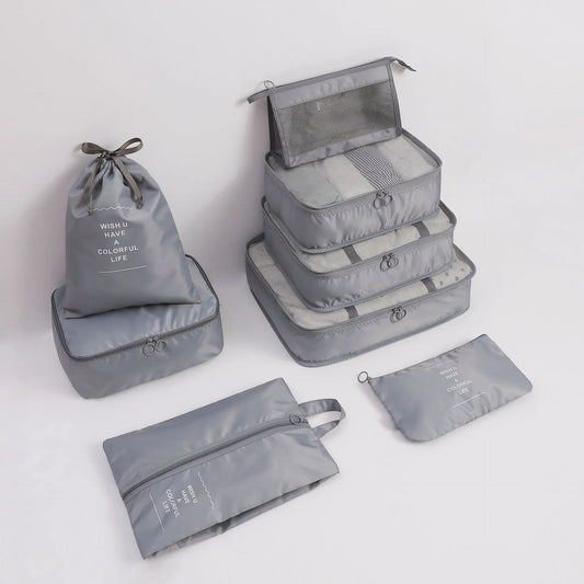 8-Piece Travel Storage Bag Set - Waterproof Luggage Clothes Sorting Bags in Black/Blue/Grey, Large Capacity