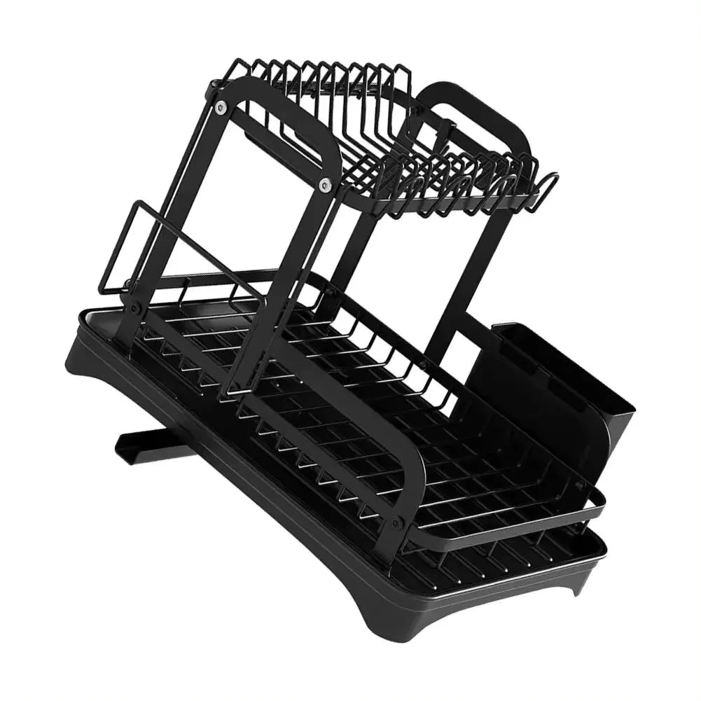 2 Tier Dish Drying Rack with Drain Basket - Kitchen Countertop Dinnerware Organizer | Dish & Bowl Drainer Storage Rack with Drainboard