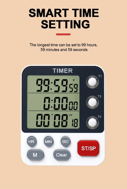 3 Channel Digital Kitchen Timer – Count Up/Down with LCD Display, Adjustable Volume & Mute Flashing Alarm