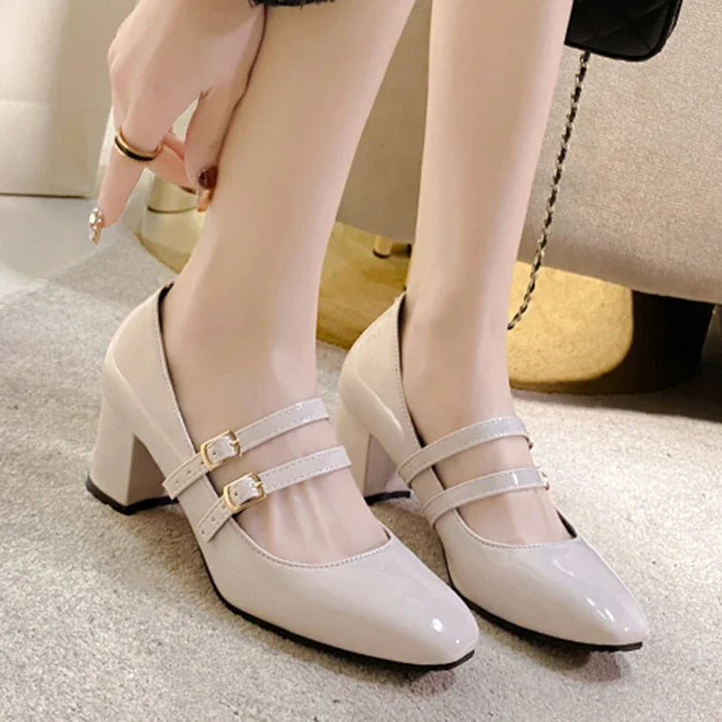 Elegant Women’s Mary Jane Chunky Heels – Square Toe Patent Leather Pumps with Double Ankle Strap