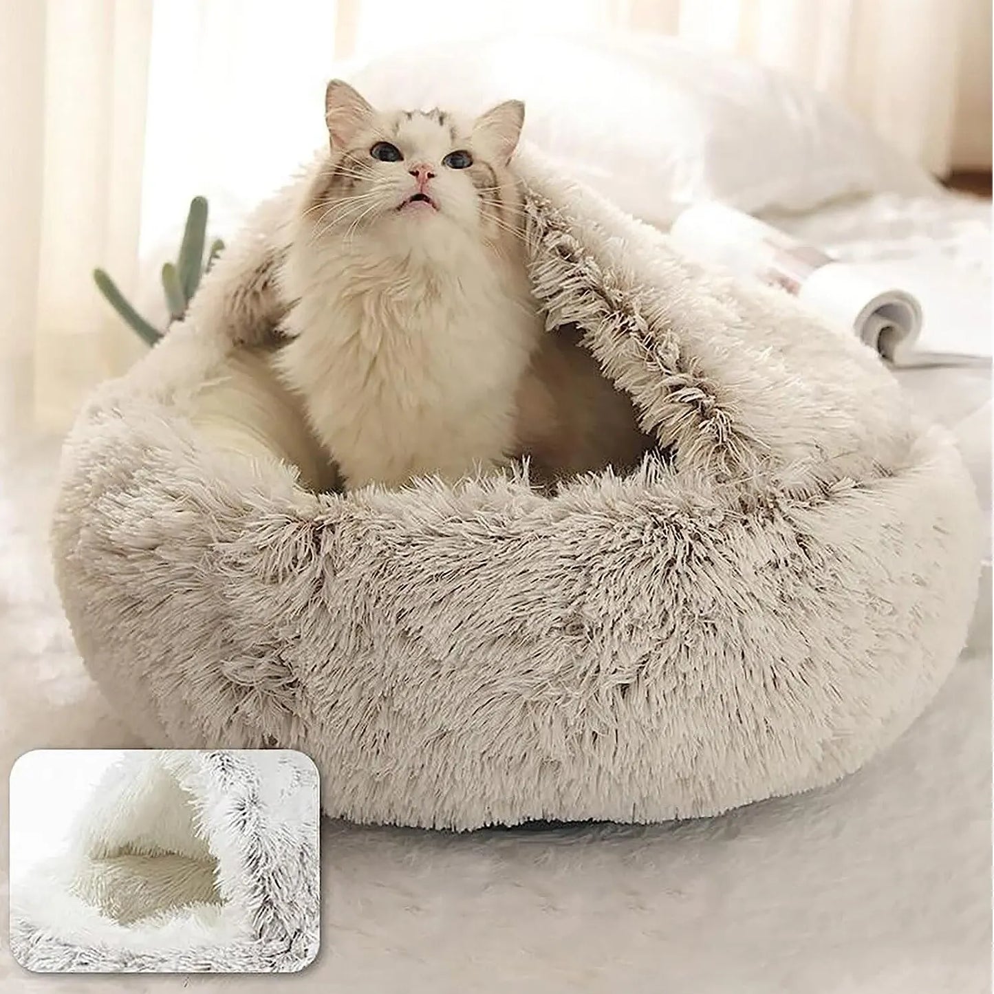 Round Soft Plush Pet Bed with Cover - 2-in-1 Cat and Dog Sleeping Nest Cave, Warm Pet Mattress for Small Dogs
