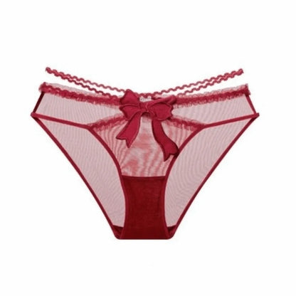 Women’s Low-Waist Lace Briefs - Breathable Mesh Sheer Panties with Bow Detail