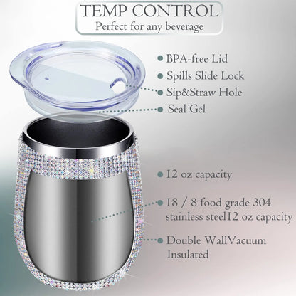 12oz Diamond Wine Tumbler with Sealed Lid - Vacuum Thermo Beer Mug, Stainless Steel Champagne Cup - Perfect for Parties and Bridesmaid Gifts