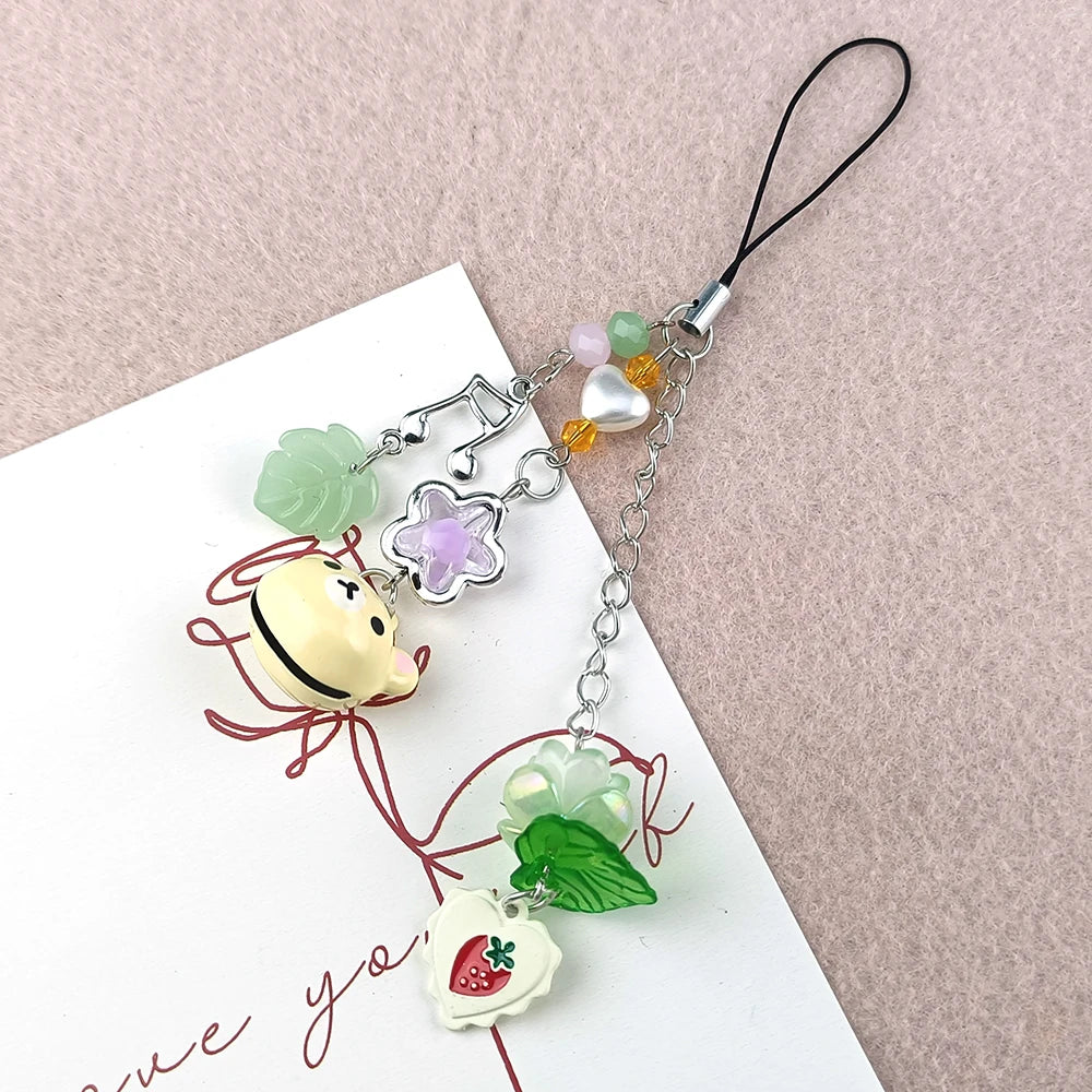 Cute Bell Bear Phone Charm - Y2K Handmade Strawberry Beaded Keychain & Matching Couple Gift Accessory