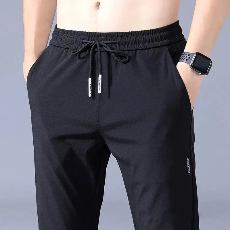 2024 New Ice Silk Men's Pants - Summer Black Gray Thin Business Casual, Elastic Breathable Outdoor Straight Leg Sweatpants