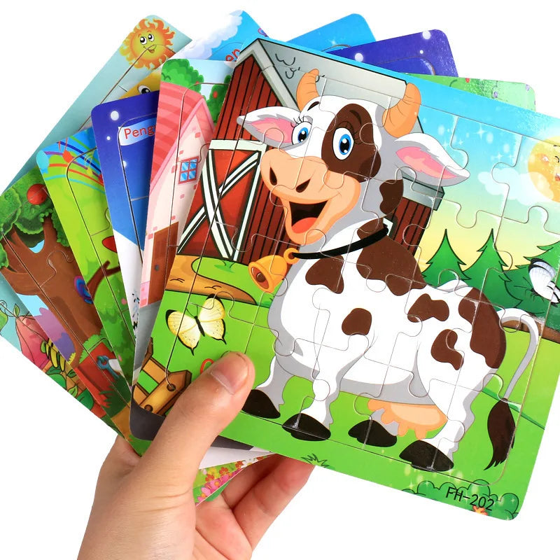 20PCS Wooden 3D Cartoon Animal & Vehicle Puzzle – Montessori Educational Jigsaw Toys for Kids Ages 1–3