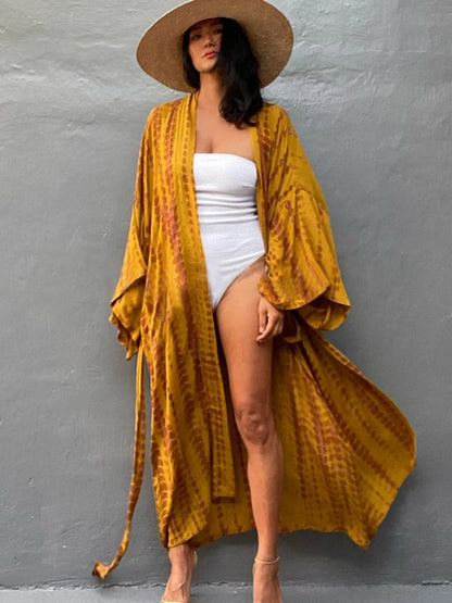 Tie-Dye Bikini Cover Up Kimono – Bohemian Beach Swimsuit Cape Pareo Dress with Belted Wrap Style Summer Swimwear Cover-Up