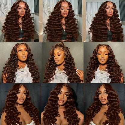 Chocolate Brown Deep Wave Lace Frontal Wig - 13x4 Transparent Lace 34 Inch Human Hair Curly Wig 250% Density