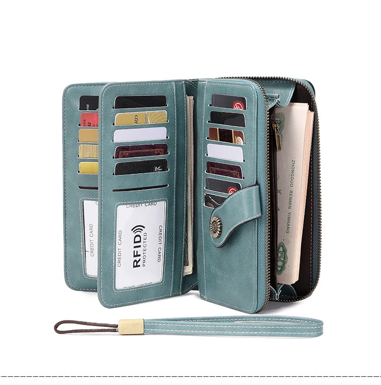 RFID Anti-Theft Retro Large Capacity Women's Wallet – Multi-Card Zipper Wallet with Wrist Strap