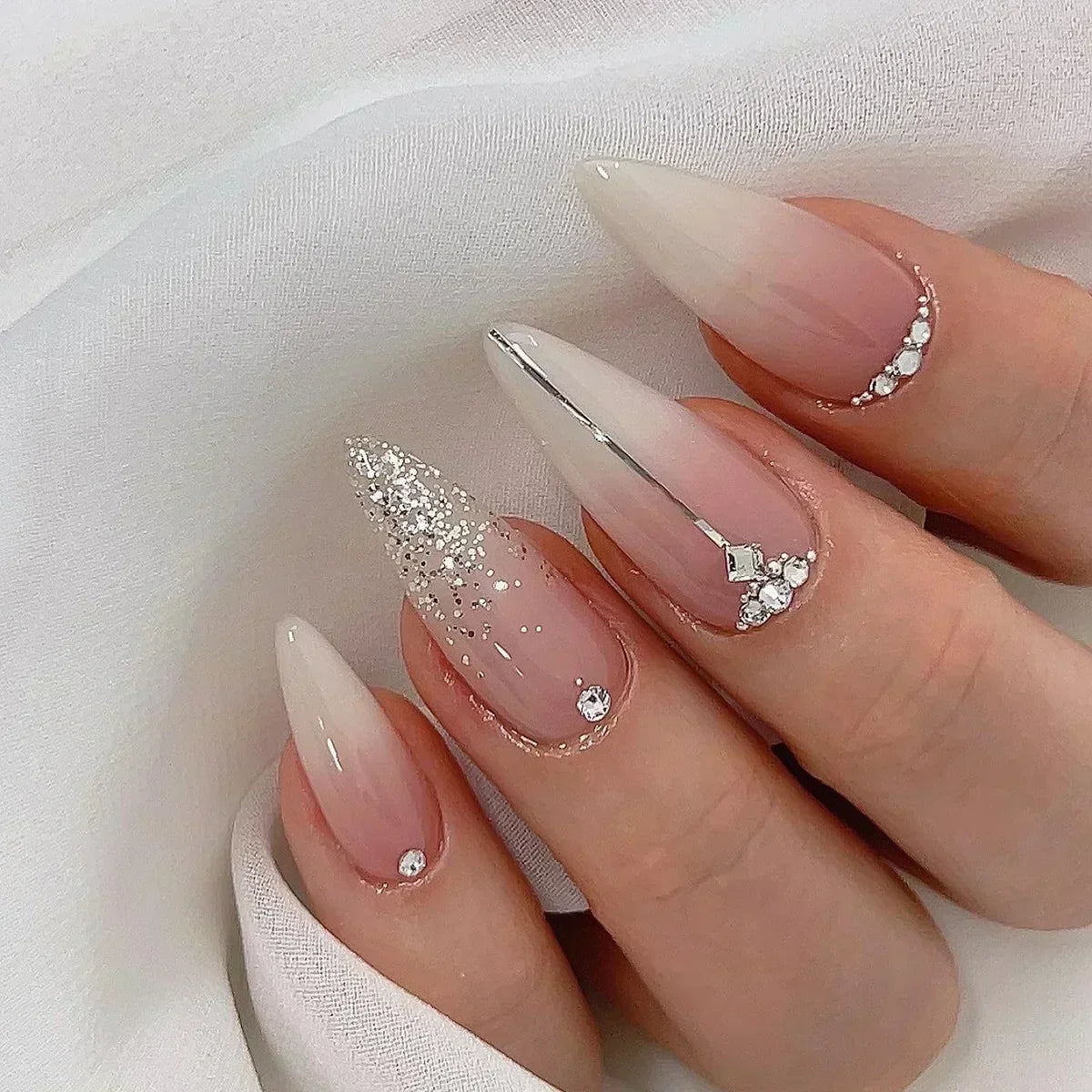 24Pcs French Press On Nails - Almond Fake Nail Tips with Glue, White Edge Design & Pink Stiletto Style Manicure Set