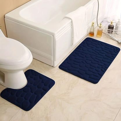 2PC Embossed Stone Pattern Toilet & Door Mats – Water-Absorbing, Non-Slip, Washable Home Decor Carpets