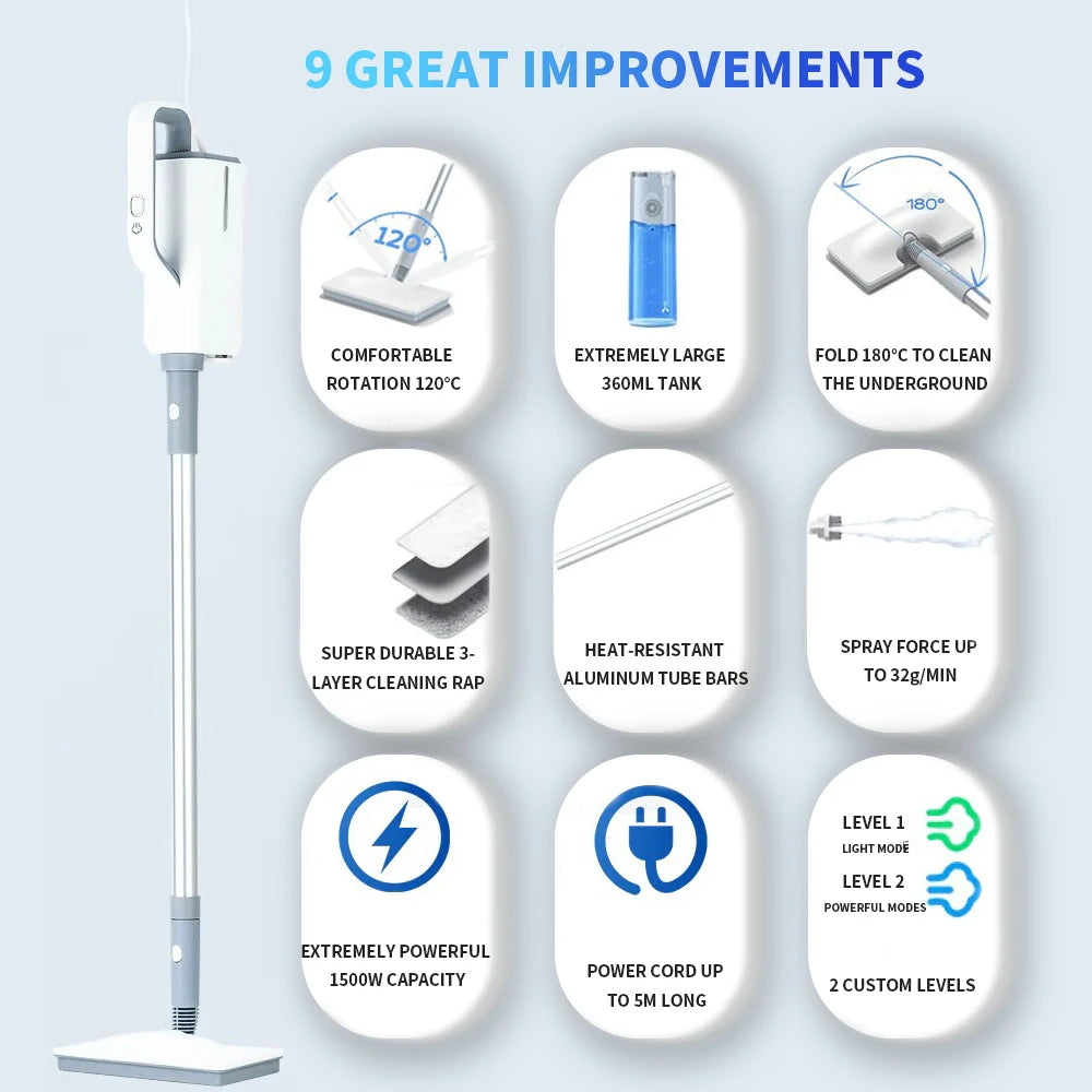 370ml Electric Steam Mop – 1500W Multifunctional Sterilization & Mite Removal Household Cleaner, 220V EU Plug
