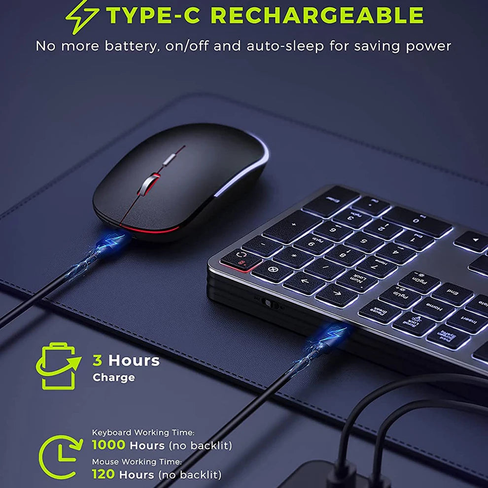 Backlit Wireless Keyboard and Mouse Combo – 2.4G USB Rechargeable Silent Full-Size Slim Set