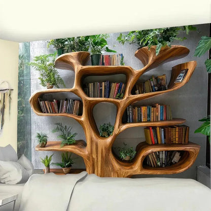 Tree Shaped Bookshelf Tapestry - Lush Plant Wall Decor for Bedroom & Living Room