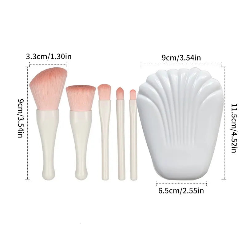 5Pcs Shell Portable Makeup Brush Set with HD Mirror - Soft Fiber Hair Beauty Tool including Lip Brush and Full Cosmetic Brush Set
