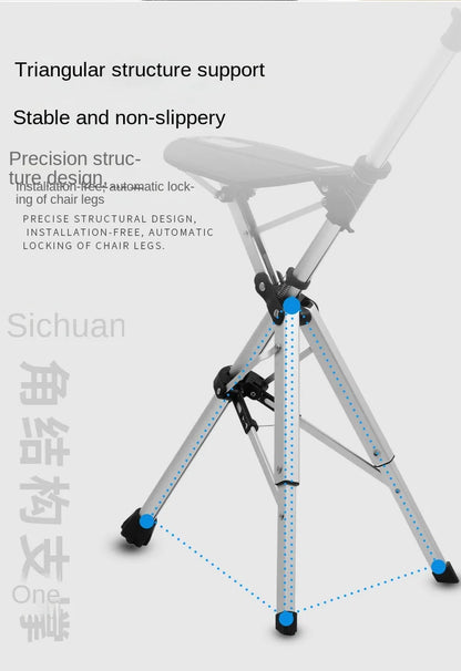 Multi-Functional Non-Slip Walking Stick with Seat – One-Key Foldable Crutch Chair, Triangular Bracing Elderly Hiking Pole Walker