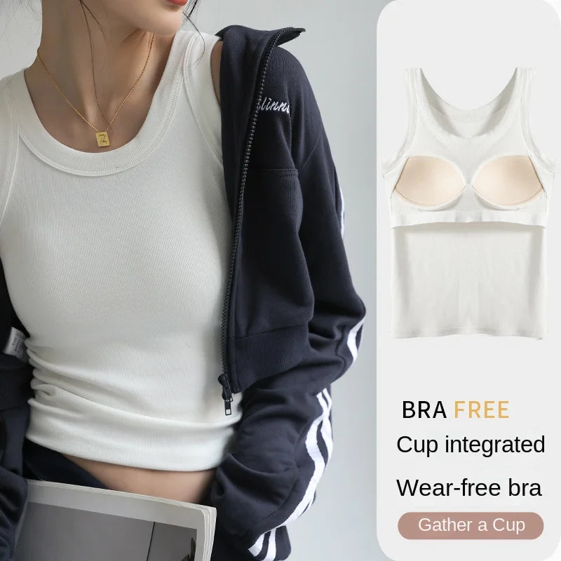 2024 New Women's Ribbed Tank Top - Solid Round Neck Camisole with Chest Pad | Summer Basic Elastic Y2K One-Piece Vest