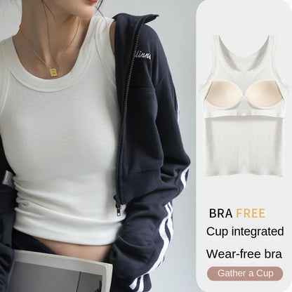 2024 New Women's Ribbed Tank Top - Solid Round Neck Camisole with Chest Pad | Summer Basic Elastic Y2K One-Piece Vest