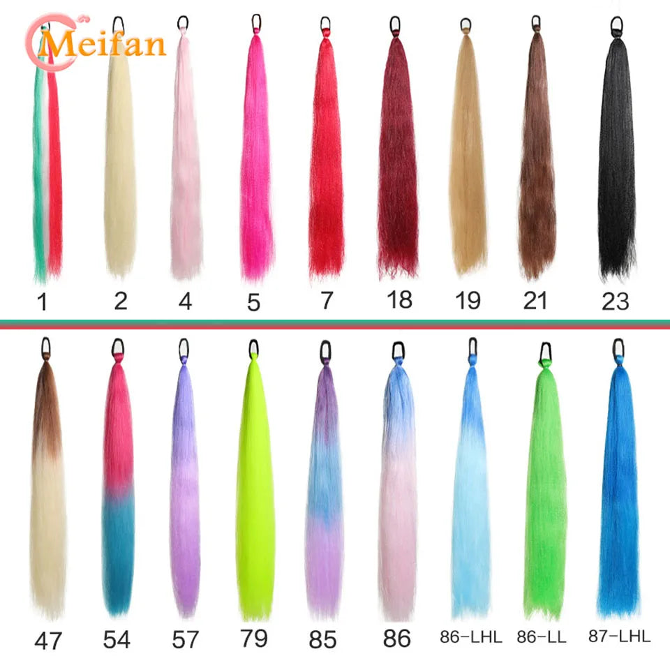 MEIFAN Synthetic Color Braid Ponytail Extension – Red, Green, Blue, Pink, Straight Hair Wrap Around with Elastic Tie