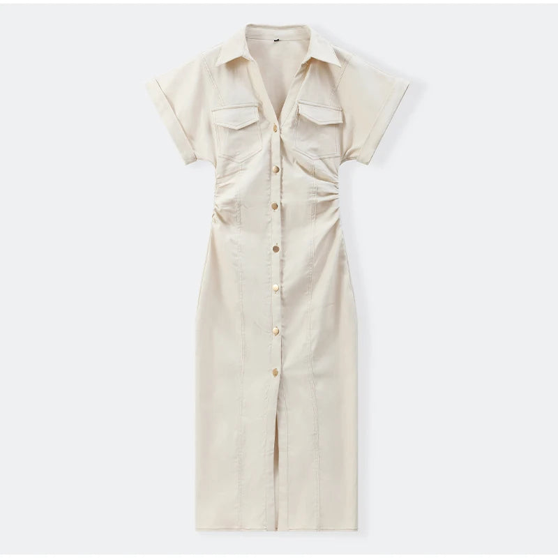 Women’s Chic White Denim Dress – Casual Lapel Long Slim Maxi, Single-Breasted Short Sleeve Summer Dress