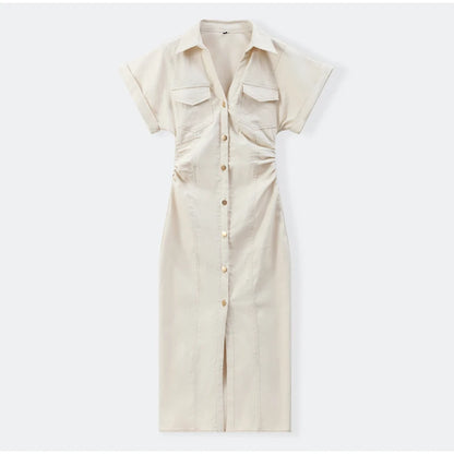 Women’s Chic White Denim Dress – Casual Lapel Long Slim Maxi, Single-Breasted Short Sleeve Summer Dress