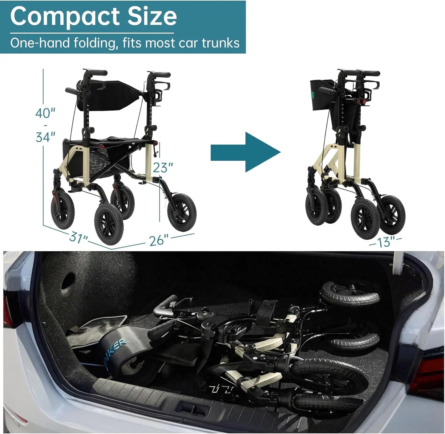 All-Terrain 2-in-1 Rollator & Transport Chair — Folding Wheelchair with 10" Non-Pneumatic Wheels