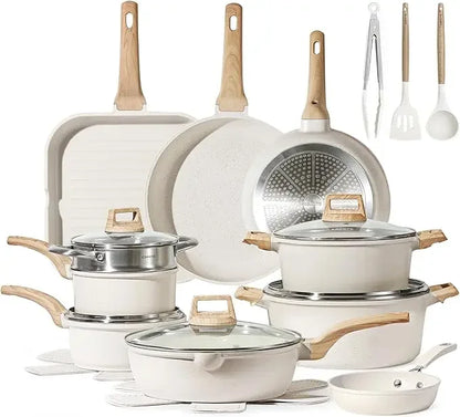 CAROTE 21 Piece White Granite Nonstick Cookware Set - Induction-Ready Pots, Pans, and Frying Pans