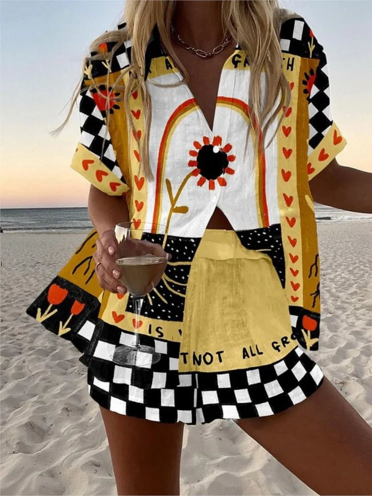 Women’s Summer 2-Piece Set – Lapel Short-Sleeve Shirt & Shorts, Elegant Loose Printed Outfit