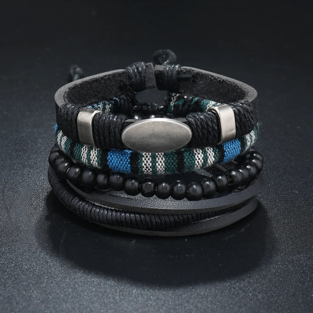 4Pcs Men's Braided Leather Bracelets Set – Vintage Life Tree & Rudder Charms, Wood Beads, Ethnic Tribal Wristbands