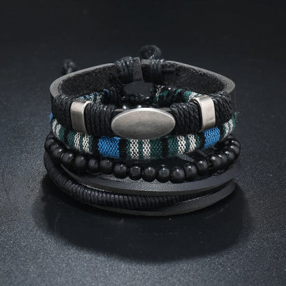 4Pcs Men's Braided Leather Bracelets Set – Vintage Life Tree & Rudder Charms, Wood Beads, Ethnic Tribal Wristbands