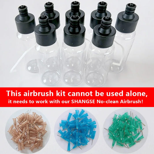 SHANGSE Airbrush Kit – 8pcs 50ml Paint Bottles & No-Clean Disposable Nozzles (0.2mm/0.3mm/0.5mm)