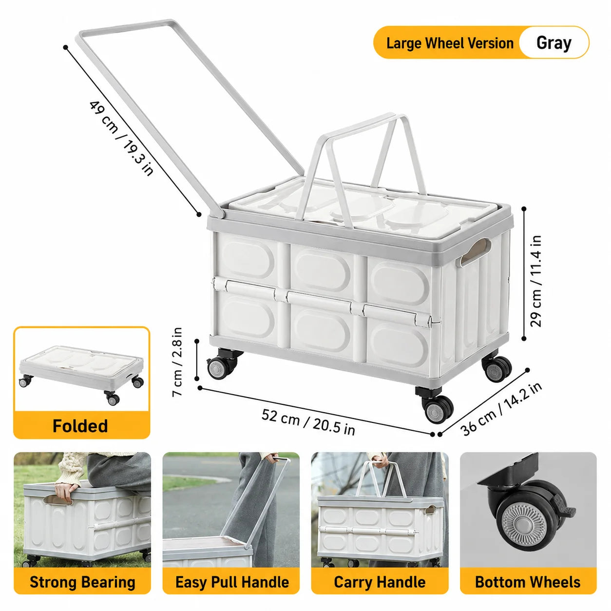 Foldable Storage Box with Wheels - Camping Gear Organizer with Wooden Lid for Car Trunk & Outdoor Use