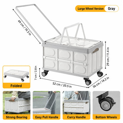 Foldable Storage Box with Wheels - Camping Gear Organizer with Wooden Lid for Car Trunk & Outdoor Use