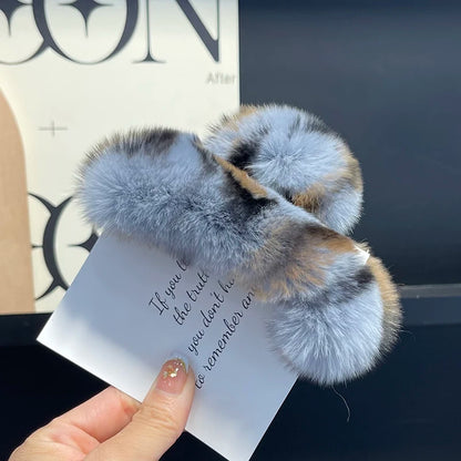 Winter Fuzzy Hair Claw for Women – Warm Fluffy Natural Rex Rabbit Fur Hair Clip, Elegant Fashion Party Accessory