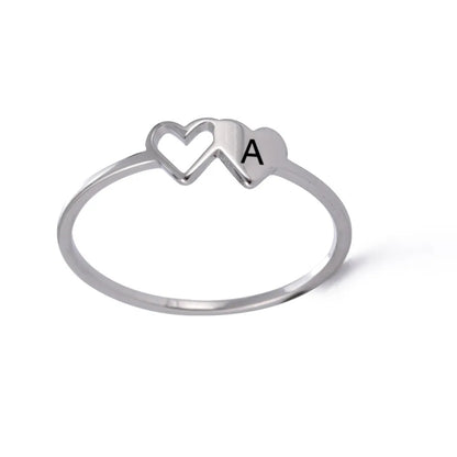 HIPEE Stainless Steel Letter Ring - A-Z Alphabet Double Heart Hollow Charm Ring for Women Wedding Jewelry Gift