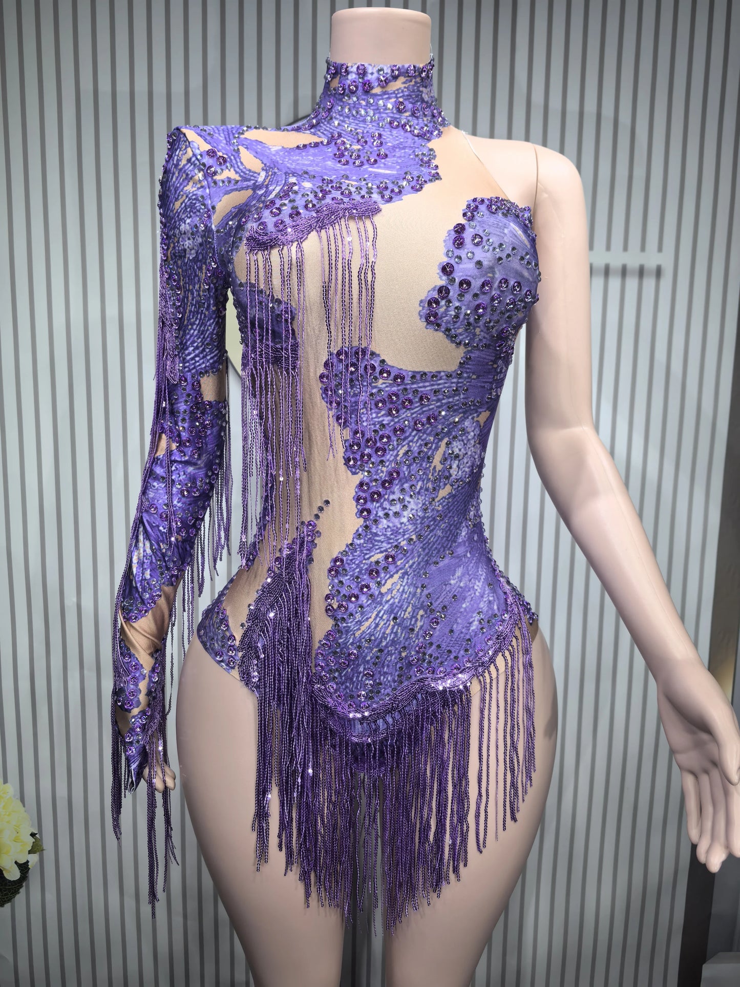 Sparkly Blue Rhinestone Leotard - One-Shoulder Fringe Bodysuit for Dance, Stage & Performance