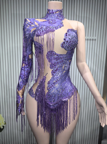 Sparkly Blue Rhinestone Leotard - One-Shoulder Fringe Bodysuit for Dance, Stage & Performance