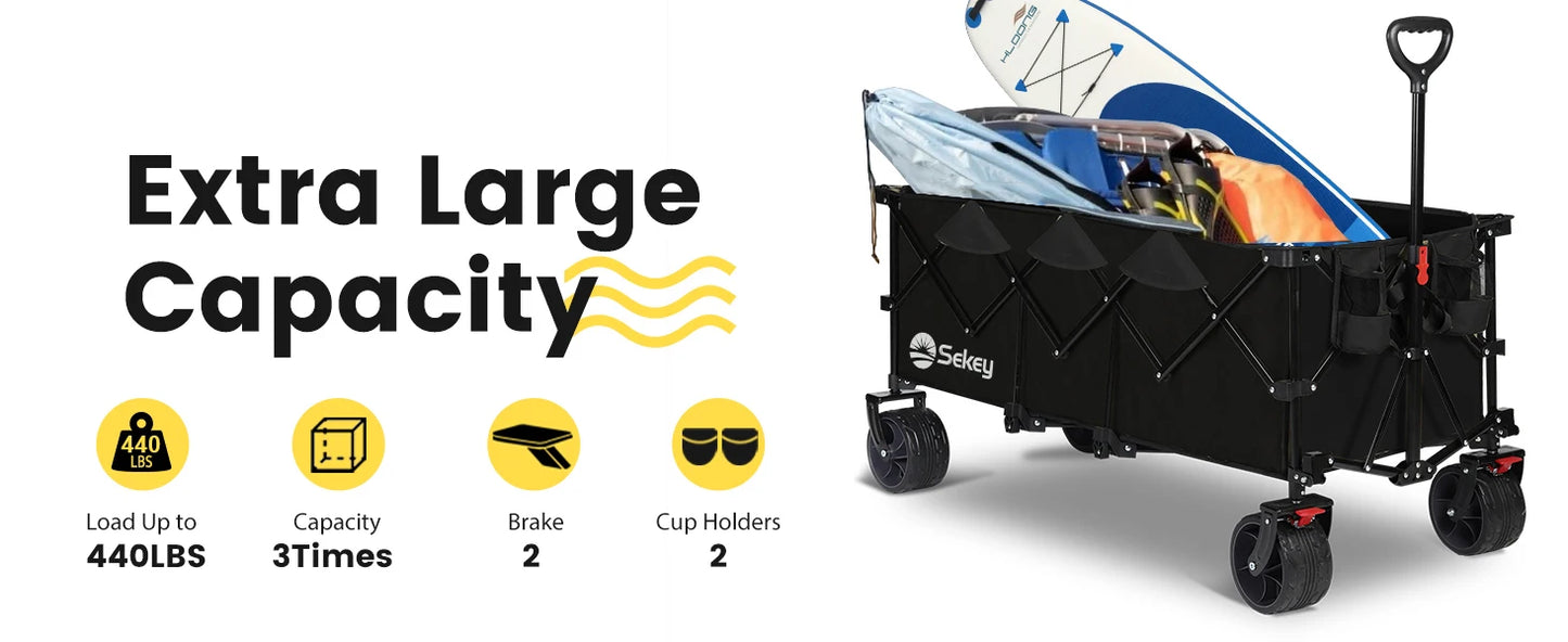 Sekey 48" Collapsible Folding Wagon — Heavy Duty 300L Utility Garden Cart with 440lbs Capacity